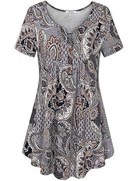 Youtalia Frauen Henley Shirt, leichter V-Ausschnitt, bedruckte Tunika, Bluse, Sommer-Top