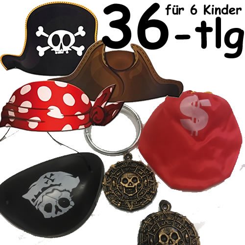 36-teiliges * KINDERPIRATEN VERKLEIDUNGS-SET * für 6 Kinder mit Piratenhüte + Augenklappen + Ohrringen + Goldsäckchen + Goldtaler // Verkleidung Piraten Party Kindergeburtstag Geburtstag