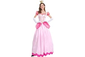 TRACYCY Déguisement Peach Femme Cosplay Princesse Pêche Festival Longues Robes de Soirée avec Couronne et Gants pour Adulte Dress Up Princesse Aurore Halloween Noël Carnaval Fête Costume Rose