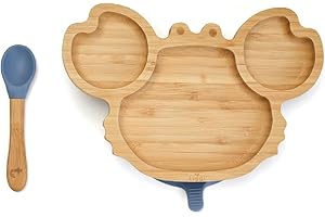 Tiggi® Bamboo Baby Suction Plate - Complete Weaning Set, Non-Slip Baby Plate, Eco-Friendly Bamboo Plates for Babies and Toddlers (Crab, Blue)