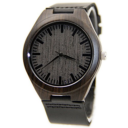 Rtimer Herren Mens echtes Leder Holz-Quarz-Uhr-Schwarz Sandelholz