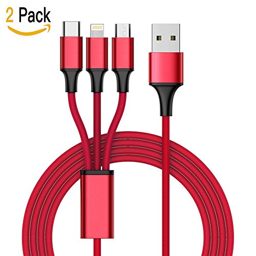 3-in-1 USB Typ-C Ladekabel-Lebenslange Garantie-TUOYA Multi 3-in-1 Lightning & Micro USB Nylon Geflochtenes 2A Ladekabel mit 8 Pin Ligtning / Typ C / Micro USB Stecker für iPhone iPad, Type C und Android Smartphones (2xRot)