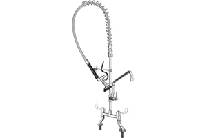 Commercial Pre-Rinse Spray Tap POUGEO Twin Lever Bridge Deck Mounted Sink Mixer Faucet with 12" Add-on Spout Brass Constructed Polished Chrome (4-8inch Adjustable Center)