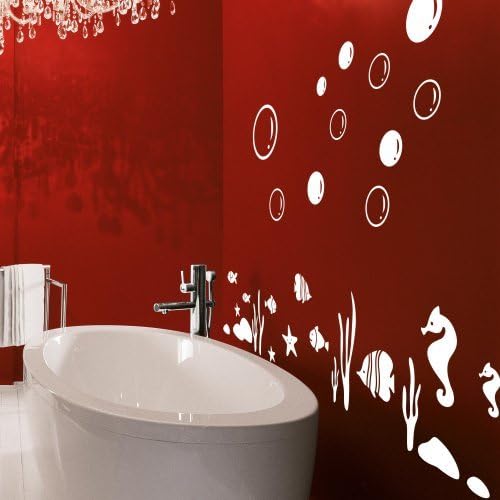 Vinyl Marine Animals Wall Decal Natural Marine Organism Quote Bubbles Wall Art Stikcer Bath Room Decor 3(bubbles:White; marine animals:White;sea grass:White;stones:White)