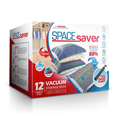 SpaceSaver Ahorro de Espacio Premium de Bolsas al vacío, Pack de múltiples (3 x Pequeño, Mediano, Grande y Extragrande), 80% más de Espacio Que Otras Marcas. Incluye un Bomba de Mano para Viajes