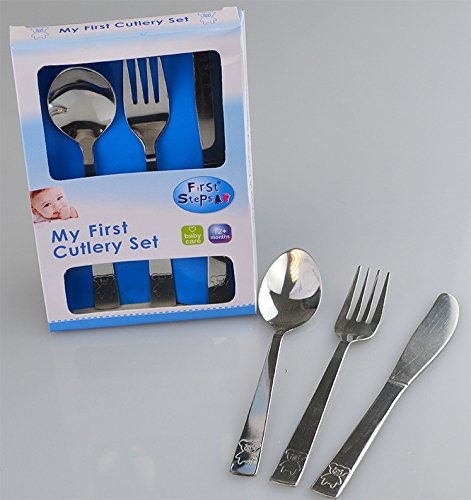 First Steps "My First Cutlery Set" including Knife, Fork & Spoon in Stainless Steel with Cute Animal Print 12m+