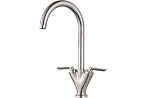 Brushed Nickel Kitchen Tap Dual Lever Hapilife Vintage Kitchen Mixer Taps 1 Hole with 360 Swivel Spout Monobloc Sink Taps Mixer Faucet Brushed Steel