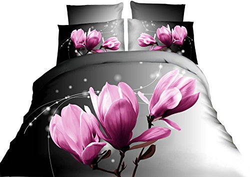 DecoKing Premium 60841 Bettwäsche 135×200 cm mit 1 Kissenbezug 80×80 grau 3D Microfaser Bettbezug Bettwäschegarnitur Blumen Blumenmuster lila rosa pink lilac weiß white anthrazit stahl graphit steel grey Magnolia - 2