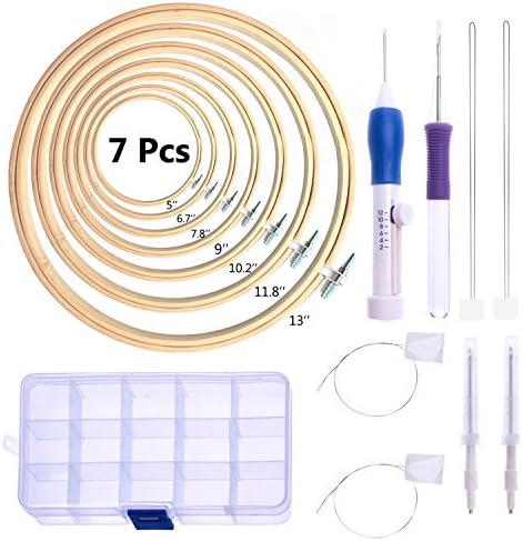 GABBREIN 3 Size Embroidery Punch Needle Stitching Tool &amp; 7 Packs Bamboo Embroidery Hoop Ring Set (7)