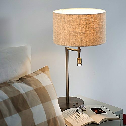 ONEPRE Modern Chrome Bedside Table Lamps Desk lamp with Swing Arm Led Reading Light Cylinder Linen Lampshade for Bedroom Living Room, 2 Switches