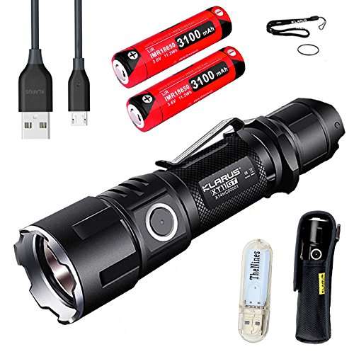 Klarus XT11GT Taschenlampe, CREE XPH35, Hi E4, LED, 2000 Lumen, wiederaufladbar, 18650, taktisch, 18650 Akku + Thenines USB-Leuchte (XT11GT)
