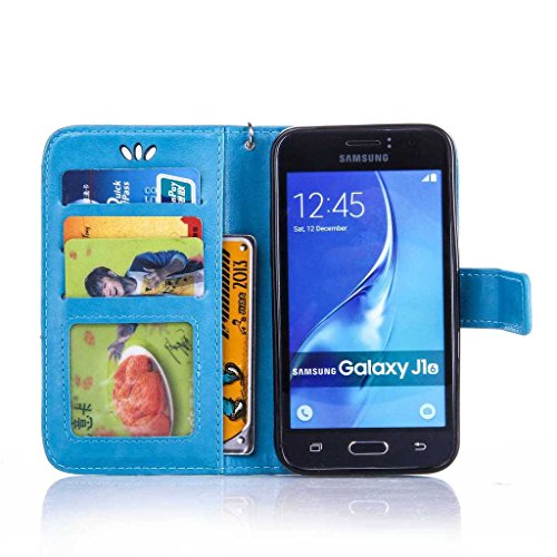 Galaxy J1 2016 Hülle Ledertasche [mit Frei Hartglas Displayschutzfolie], KKEIKO® Schutzhülle PU Leder Tasche Hülle Case für Samsung Galaxy J1 2016, Wickelfalz Handyhülle mit Bändselloch Standfunktion Karteneinschub und Magnetverschluss, Kratzfeste Lederhülle Flip Wallet (Blau #7) - 4