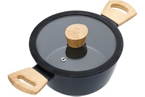 MASTER CHEF MasterChef Casserole Tout Feux, Induction, Gaz, Céramique et Plus, Anti-adhésive, Revêtement Anti-Dérapant, Poignées au Toucher Doux, Couvercle en Verre, 24cm, Aspect Bois