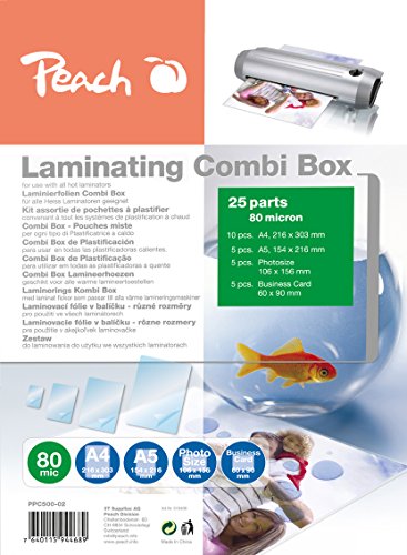 Peach PPC500-02 - Pack de 25 l  minas de plastificar  varios tama  os  transparente
