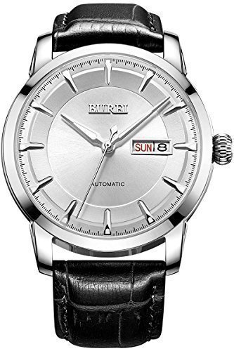 Burei Herren Luminous Tag und Datum Automatik Uhr mit schwarzem Kalbsleder Band, Silber Lnette Wei Zifferblatt Burei Herren Luminous Tag und Datum Automatik Uhr mit schwarzem Kalbsleder Band, Silber Lnette Wei Zifferblatt