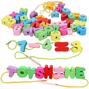 Toyshine Wooden 41 pc ABC 123 Beads Toy Preschool Activities Lacing Beads Wooden Letters and Numbers Montessori Toys for Toddlers Over 3 Year Old Boys Girls Gifts