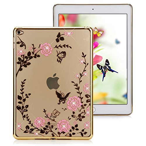 Felfy iPad Air 2 Hülle,iPad 6 Schutzhülle,iPad Air 2 Case,iPad 6 Silikon Cover Ultradünnen Kristallklar Durchsichtig Malerei Schmetterling Blumen Rebe Muster Glänzend Glitzer Kristall Strass Diamanten Transparent TPU Silikon Schutz Handy Hülle Case Tasche Silikon Crystal Case Durchsichtig Schutzhülle Etui Bumper für iPad Air 2/iPad 6 (Tyrant Gold) +1x Gold Stylus + 1x Katze Dust Plug - 2