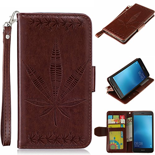 Huawei P9 Lite Hülle,Cozy Hut Bunte Retro Ahornblatt Muster Druck Buch-Stil Bookstyle Flip Magnetverschluss Brieftasche Geldbörse Wallet Kreditkarte ID Card Slots PU Leder Beschützer Haut Schutzfolie Schutzhüllen Case Tasche Hülle Etui Schale Ständer Hülle Case mit Weich TPU Innere Hülle Case für Huawei P9 Lite (5,2 Zoll) - Brown-Ahornblätter