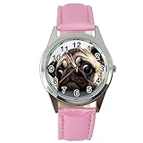 Quarz-Armbanduhr mit Mops-Motiv, Pinkes Lederarmband von Taport®  + Gratis Ersatzbatterie + Gratis Geschenkverpackung