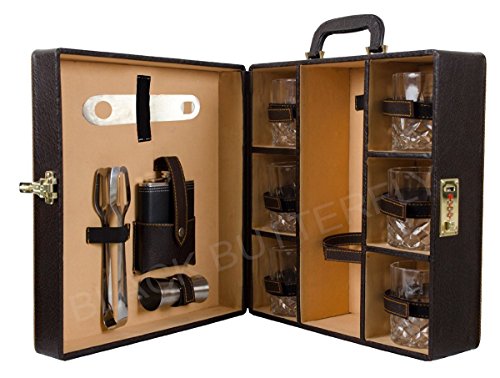 Black Butterfly Bar Accessories Portable Leatherette Briefcase Bar Set - Brown