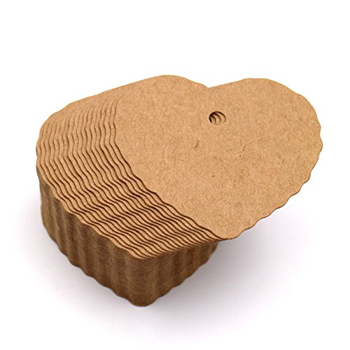 100 Stück 6 CM * 5.5 CM Shabby Chic Kraftpapier Etiketten Tags“Form des Herzens”Papieranhänger Hängeetiketten Anhängeetiketten mit Jute-Schnur 30 Meter (Braun) - 5