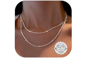 CASSIECA 2 Stück Kette Damen Silber Halskette Layerd Singapurkette Halskette Sterling Silber Stapelbare Halskette Glänzende Diamantschliff Popcorn-Kette für Frauen Mädchen