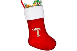 VReder Large Christmas Stockings, Xmas Personalized Embroidered Stockings with Letters, Red Fireplace Hanging Santa Socks for Christmas Decor Xmas Gift (T)