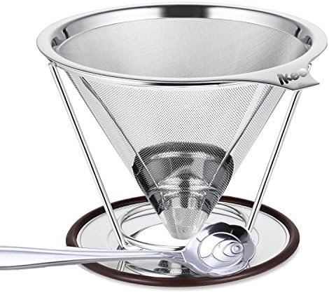 ikee 18/8 Stainless Steel Coffee Dripper, Reusable Coffee Filter, Pour Over Coffer Maker, Paperless, Cone with Double Mesh , Stand and Sugar Scoop, 1-4 Cup