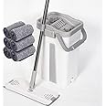 FLAT MOP NEW!Superior Sturdy And Strong Easy and Simple Squeeze Bucket, Flat Mop with 6 Pads Included Replacement 10 minute Machine Washable Microfibre Mop Pads All Floors FL1 (WHITE)