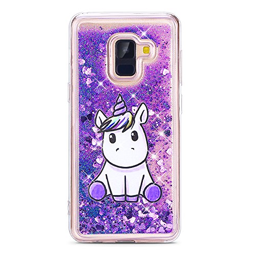Cover per Samsung A8 2018 Custodia, Moevn Unicorno 3D Glitter Liquido Trasparente Sabbie Mobili Morbida TPU Silicone Bling Sparkle Quicksand Antigraffio Antiurto Protezione Case per Samsung Galaxy A8 2018 Smartphone (Viola)