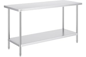 VEVOR Stainless Steel Prep Table, 24 x 60 x 34 Inch, Heavy Duty Metal Worktable with 3 Adjustable Height Levels, Commercial Workstation for Kitchen Garage Restaurant Backyard