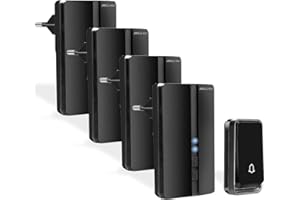 Bell4U Timbre inalámbrico exterior impermeable sin batería - 4 receptores – sin pilas – LED – resistente al agua – 50 metros - negro - para puerta de casa