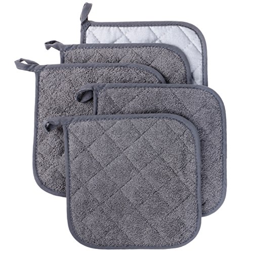 100% Baumwolle Küche Everyday Basic Terry Topflappen hitzebeständig Untersetzer Topflappen für Kochen und Backen Set von 5 (Grau) - 2