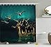 Produktbild ROBIN GREEN Fantasy Shower Curtain, Medieval Elf Boats and Magical Birds Swans Flying Mystical Adventure Illustration, Fabric Bathroom Decor Set with Hooks, 75 inches Long, Teal Gold