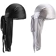 2 PCS Long Tail Durag, Unisex Silk Durag 360 Waves Headwraps Wide Straps Pirate Hair Loss Chemo Cap Bandana Turban Hat for Women and Men Hip-hop and Daily Decoration (Black, Wine red)