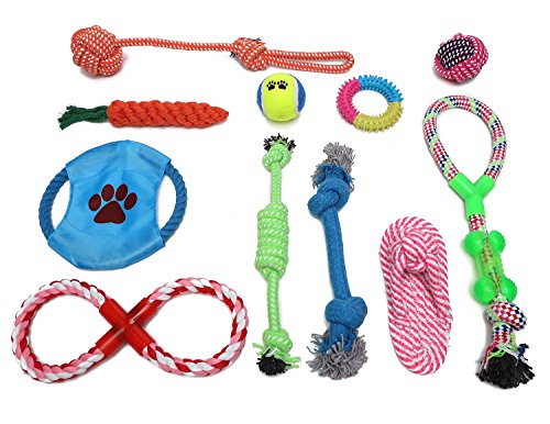 HOGAR AMO Set de 11 jueguetes para Perros, Duraderos para Masticar o Como Herramientas de Entrenamiento, Multicolores, para Cachorros y Perros de Pequeños a Medianos