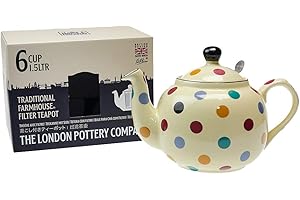 London Pottery 78416 Farmhouse Polka Dot Teapot with Infuser, Ceramic, Ivory/Multicolour Polka Dots, 6 Cups (1.5 Litre)