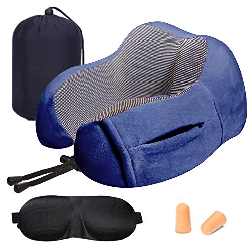 Almohada de Viaje Cervical Viscoelástica de Espuma de Memoria, Cojín de Viaje para Cuello Soporte Cervical con Máscara de Ojos, Tapones y Bolsa de Transporte para el Uso del Avión y el Hogar [Azul]