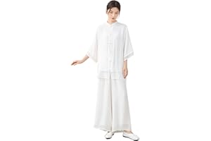 DAYKET Abbigliamento Tai Chi Donna Seta e Lino Kung Fu Uniforme Stile Cinese Meditazione Zen Casual Maniche a Tre Quarti Esercizi Mattutini Vestito per Le Donne,White-M