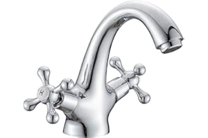 XIFIRY Grifo mezclador con dos mandos en cruz para lavabo, estilo victoriano tradicional, vintage, cromado