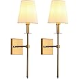 Wall Sconces Set of 2, E27 Base, Classic Rustic Wall Lighting with Flared White Textile Lamp Shade and Antique Tapered Column Stand,for Bedroom Living Room Hallwa·y Kitchen (light bulb included)