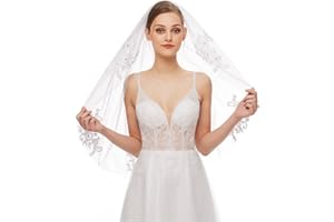 Amerson Bridal Veil Hip Length Tulle Veils Wedding Vails Crystal Bridal Veil with Lace Appliques Comb for Bridal Shower Hen Party Chucky Costume Dress Up Gift Prom Girls First Communion