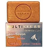 jabon cuerpo biodegradable Fabricado en España. Jabón exfoliante aclarador. MULTICLEAR - 100g. Antimanchas y Antiacne. Con semilla de Melocotón. Combate puntos negros y células muertas