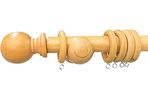 AMARI BARGAINS Amari Bargain Large Wooden Curtain Poles - 28mm Diameter Wood Pole - Door Window Curtain Rod - Classic Finials & Rings Set - Fixed Length Wooden Rail - For Living Room, Office (Natural - 150cm)