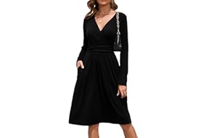 OUGES Women's Spring Casual Midi Dress Long Sleeve V-Neck Floral Ladies Wrap Dress with Pockets