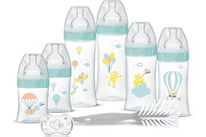 Dodie Kit Naissance - 6 Biberons Anti-Colique Tétines Plates (2x150 mL, 2x270 mL, 2x330 mL), 1 Sucette Anatomique 0-2 Mois, 1 Goupillon - Sans BPA - Vert