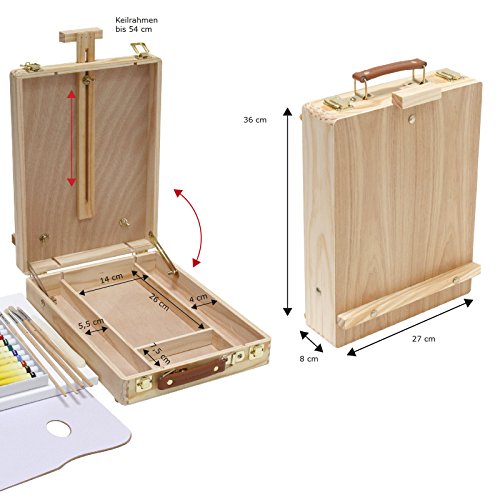 TISCHSTAFFELEI+ MALSET, 12 Acrylfarben, Pinselset + Keilrahmen – 20-teilig, Utensilienkoffer, Kofferstaffelei - 2
