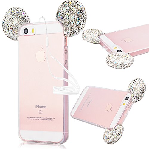 GrandEver Coque iPhone SE Silicone TPU Etui Souple iPhone 5S Housse iPhone 5 Glitter Bling Brillant Transparent Arrière Strass Oreilles Mouse Motif Shell Cas Haute qualité Couverture Accessories de Protège Protecteurs {Anti-Choc} {Anti-Shock Bumper} Defender Crystal Sparkle Gel Skin Case pour iPhone SE/5S/5 --