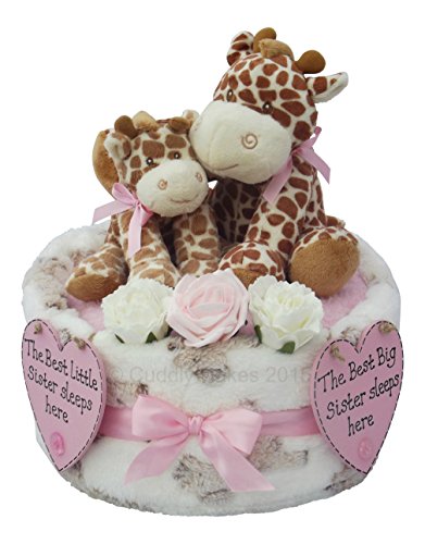 Sibling New Baby Sister / Big Sister One Tier Pink Giraffe Nappy Cake Baby Gift with FREE UK Delivery