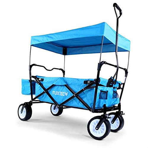 FUXTEC Bollerwagen BW-100 Türkis Blau mit Bremse, Breitreifen, Dach, Hecktasche - 5